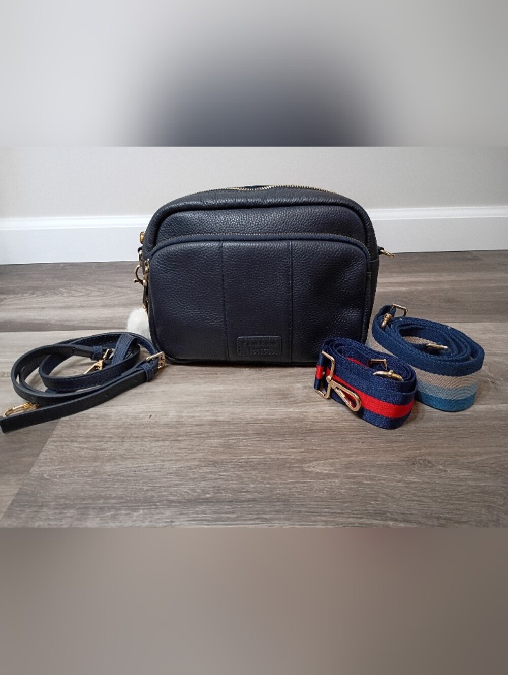 POM POM LONDON Classic Original Plus Crossbody Bag Navy Pebbled Leather Keychain